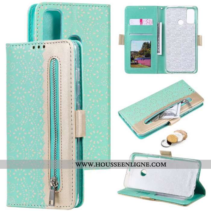 Coque Samsung Galaxy A21s Silicone Fermeture Éclair Dentelle Étoile Cuir Étui Verte