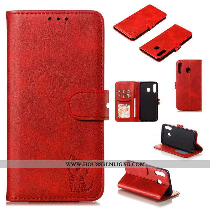 Coque Samsung Galaxy A40s Protection Cuir Téléphone Portable Bovins Housse Rouge