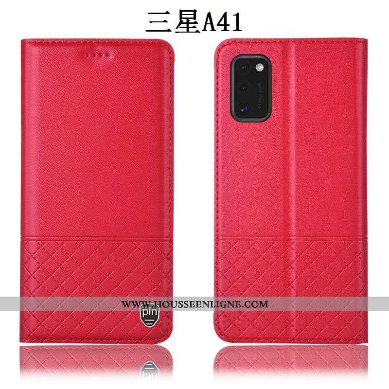 Coque Samsung Galaxy A41 Protection Cuir Véritable Incassable Étoile Étui Housse Rouge