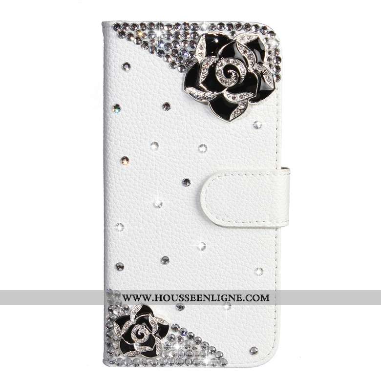 Coque Samsung Galaxy A50s Cuir Protection Fleurs De Papillons Strass Housse Blanc Blanche
