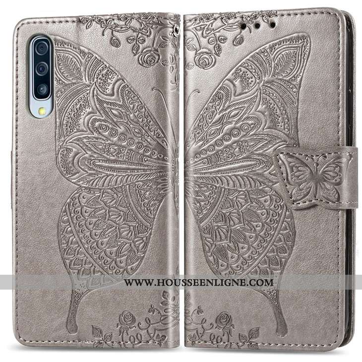 Coque Samsung Galaxy A50s Cuir Protection Gris Téléphone Portable Étoile Incassable