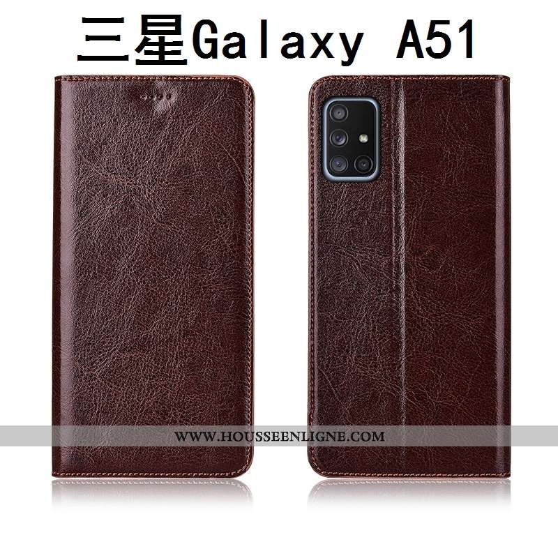 Coque Samsung Galaxy A51 Délavé En Daim Cuir Véritable Nouveau Modèle Fleurie Marron Clamshell
