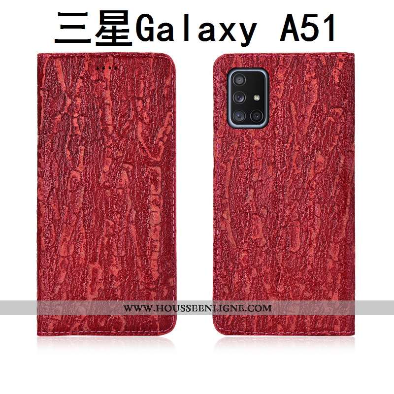 Coque Samsung Galaxy A51 Protection Délavé En Daim Cuir Incassable Nouveau Cuir Véritable Rouge