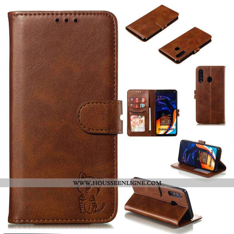 Coque Samsung Galaxy A60 Cuir Protection Téléphone Portable Bovins Étui Étoile Noir