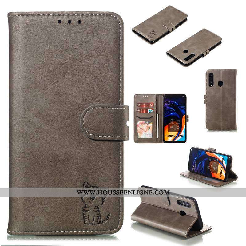 Coque Samsung Galaxy A60 Cuir Protection Téléphone Portable Bovins Étui Étoile Noir