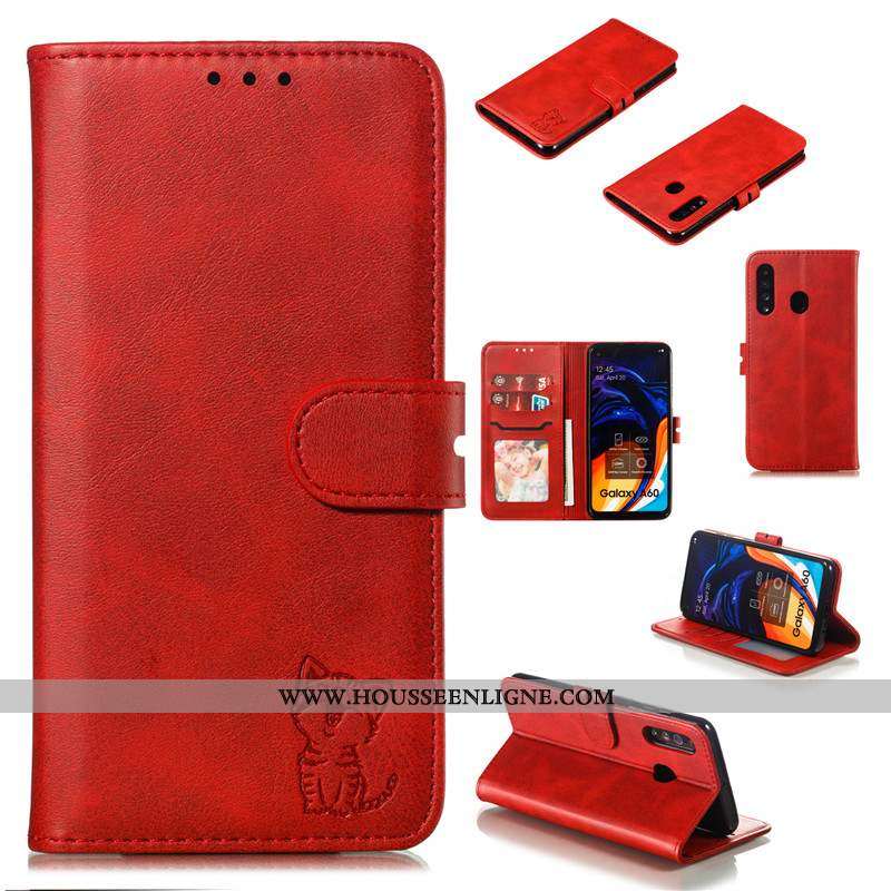 Coque Samsung Galaxy A60 Cuir Protection Téléphone Portable Bovins Étui Étoile Noir