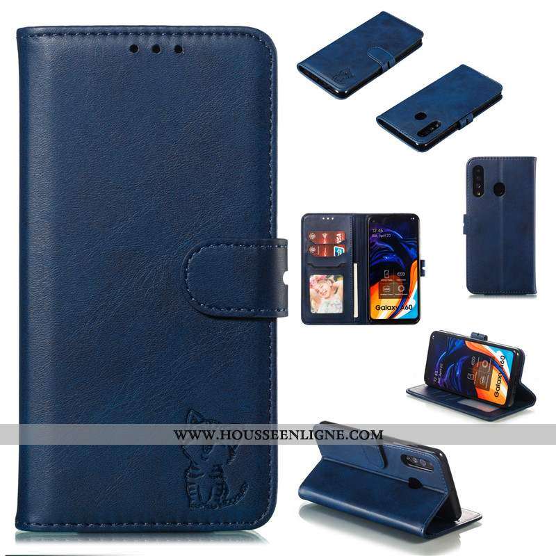 Coque Samsung Galaxy A60 Cuir Protection Téléphone Portable Bovins Étui Étoile Noir