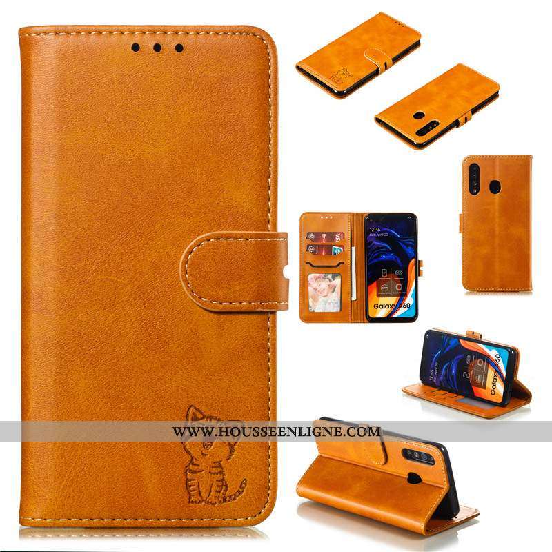 Coque Samsung Galaxy A60 Cuir Protection Téléphone Portable Bovins Étui Étoile Noir