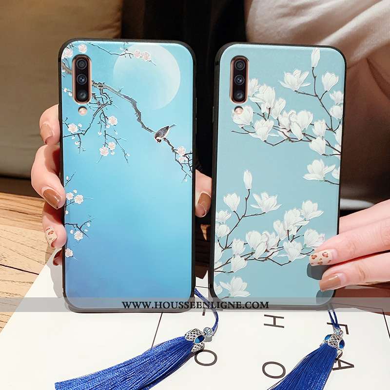 Coque Samsung Galaxy A70 Gaufrage Vintage Protection Bleu Tout Compris Style Chinois Fluide Doux
