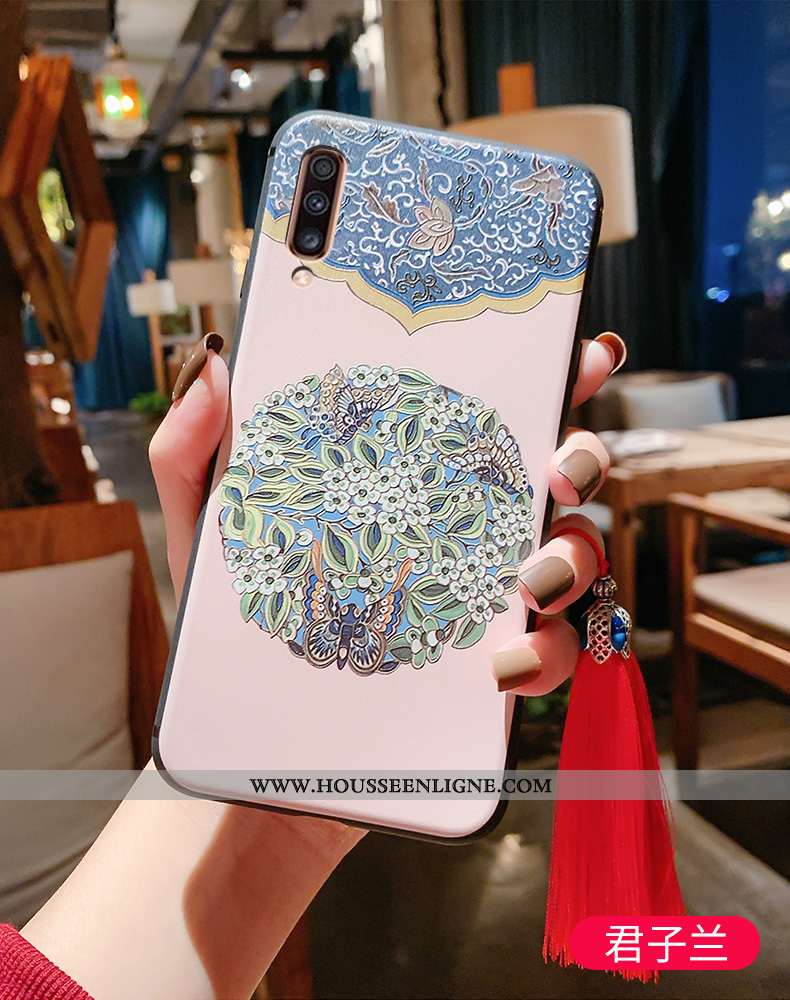 Coque Samsung Galaxy A70 Gaufrage Vintage Protection Bleu Tout Compris Style Chinois Fluide Doux