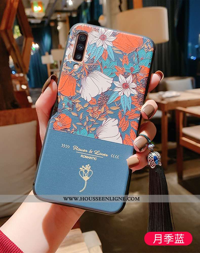 Coque Samsung Galaxy A70 Gaufrage Vintage Protection Bleu Tout Compris Style Chinois Fluide Doux