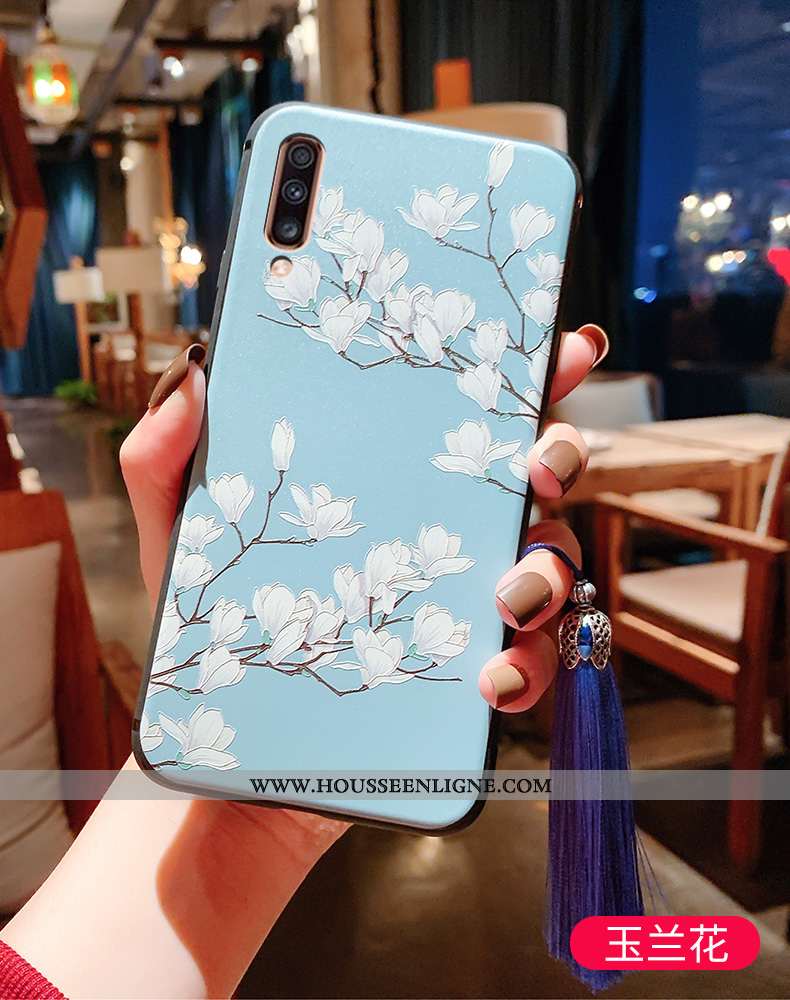 Coque Samsung Galaxy A70 Gaufrage Vintage Protection Bleu Tout Compris Style Chinois Fluide Doux