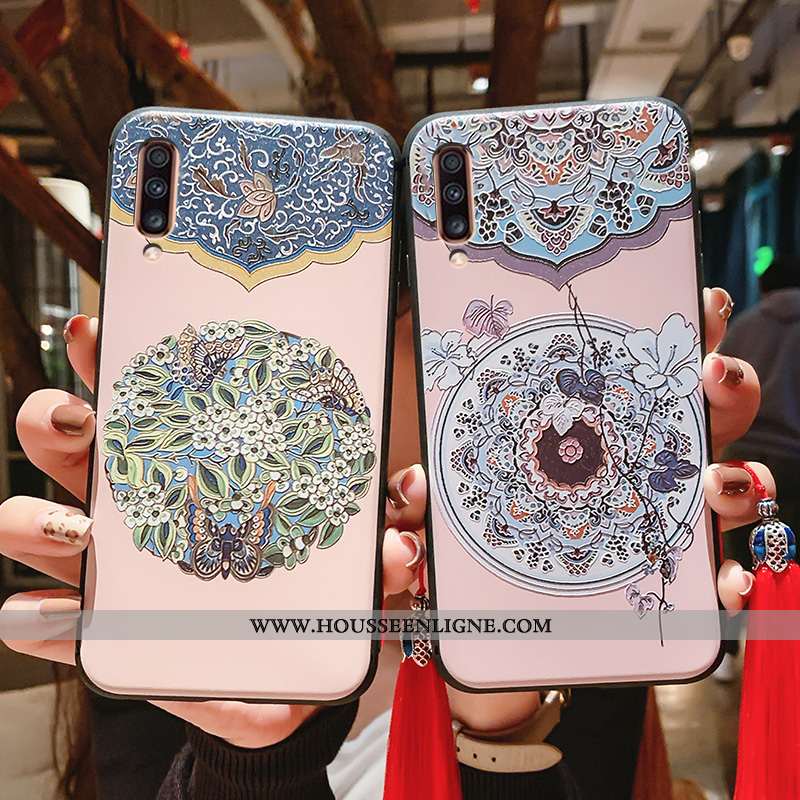 Coque Samsung Galaxy A70 Gaufrage Vintage Protection Bleu Tout Compris Style Chinois Fluide Doux