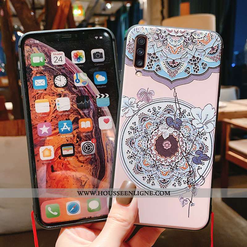 Coque Samsung Galaxy A70 Gaufrage Vintage Protection Bleu Tout Compris Style Chinois Fluide Doux