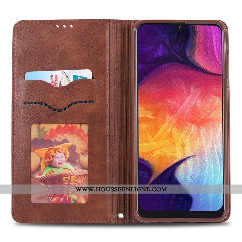 Coque Samsung Galaxy A70s Protection Cuir Business Étui Étoile Luxe Marron