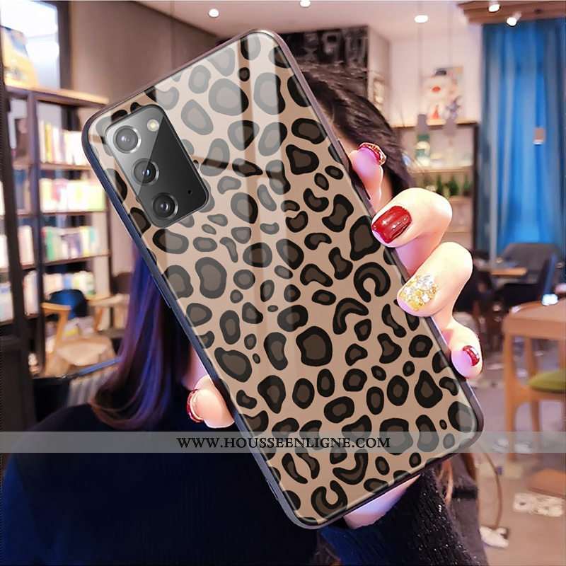 Coque Samsung Galaxy Note20 Modèle Fleurie Verre Vert Téléphone Portable Étoile Léopard Verte