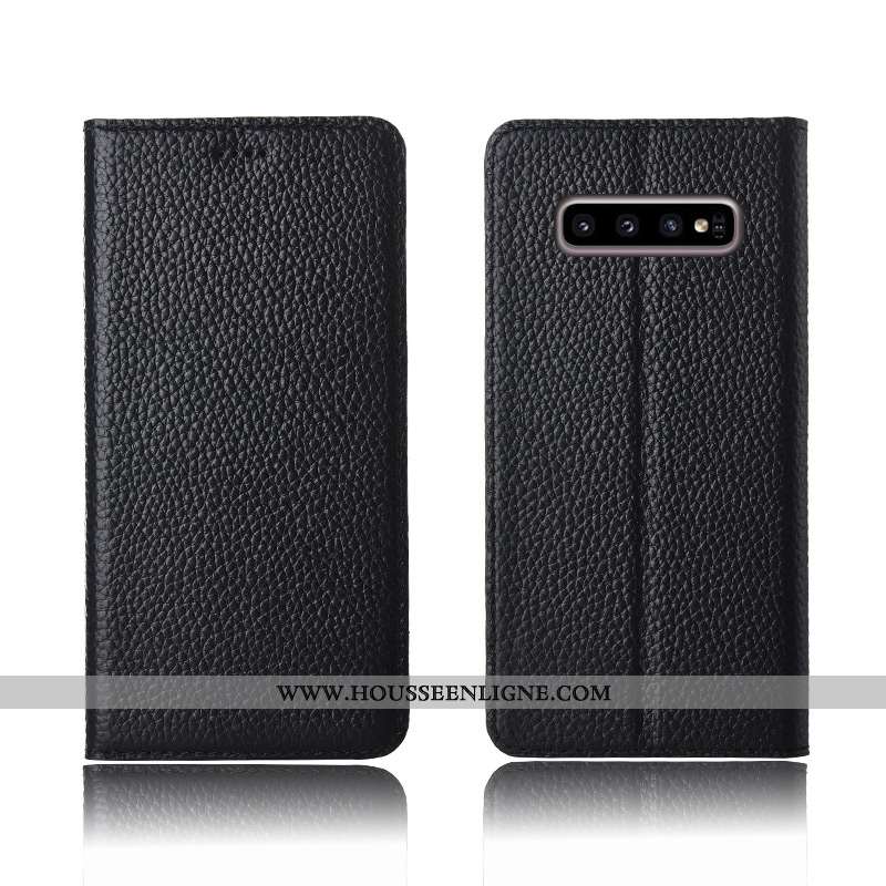 Coque Samsung Galaxy S10+ Cuir Véritable Cuir Clamshell Fluide Doux Litchi Étui Incassable Khaki