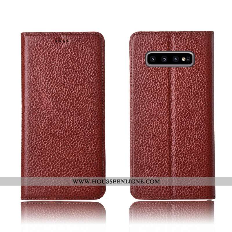 Coque Samsung Galaxy S10+ Cuir Véritable Cuir Clamshell Fluide Doux Litchi Étui Incassable Khaki
