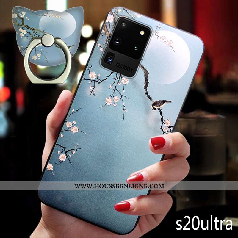 Coque Samsung Galaxy S20 Ultra Légère Fluide Doux Silicone Étoile Étui Vintage Gaufrage Bleu