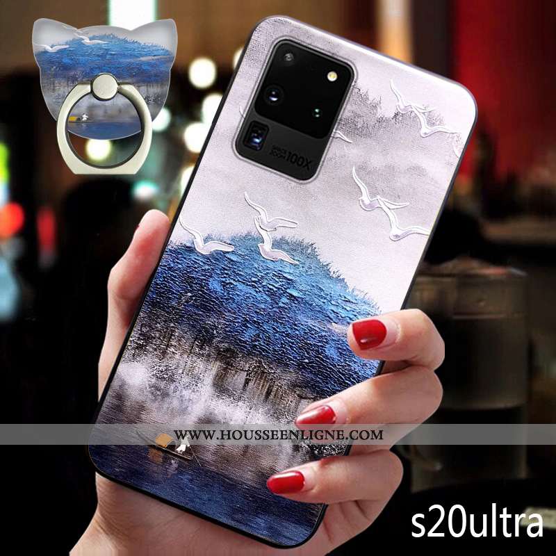Coque Samsung Galaxy S20 Ultra Légère Fluide Doux Silicone Étoile Étui Vintage Gaufrage Bleu