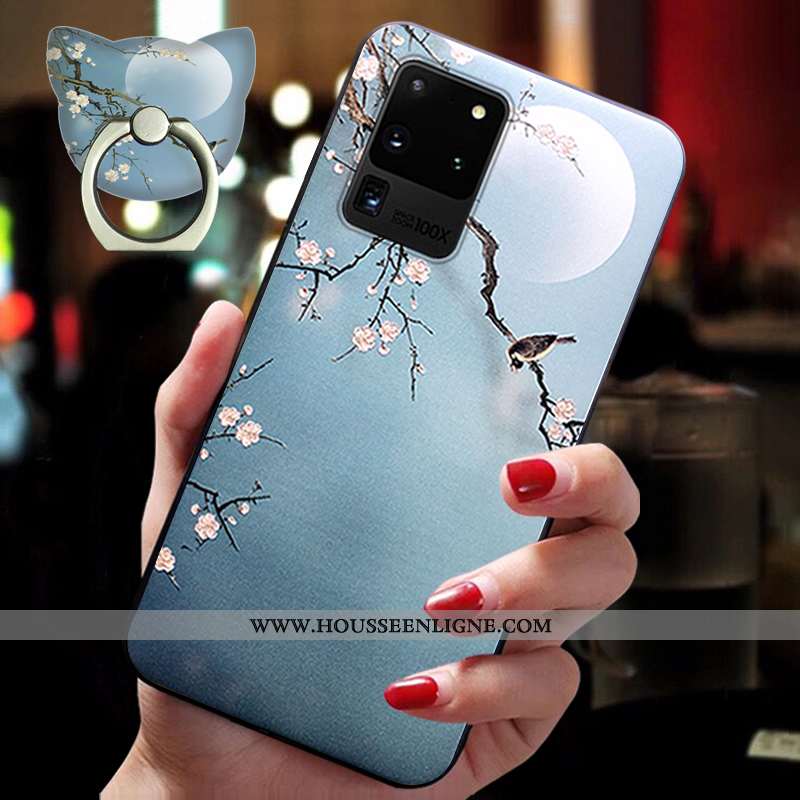 Coque Samsung Galaxy S20 Ultra Légère Fluide Doux Silicone Étoile Étui Vintage Gaufrage Bleu