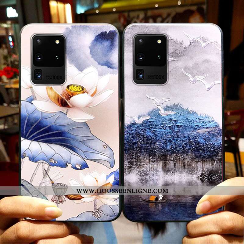 Coque Samsung Galaxy S20 Ultra Légère Fluide Doux Silicone Étoile Étui Vintage Gaufrage Bleu