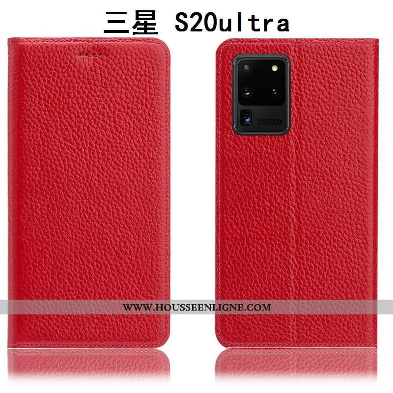 Coque Samsung Galaxy S20 Ultra Protection Cuir Véritable Étui Litchi Étoile Housse Bleu