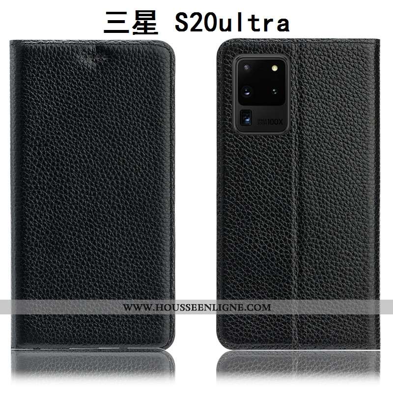 Coque Samsung Galaxy S20 Ultra Protection Cuir Véritable Étui Litchi Étoile Housse Bleu