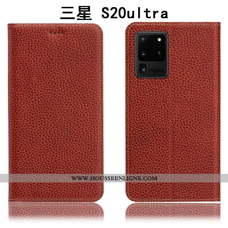 Coque Samsung Galaxy S20 Ultra Protection Cuir Véritable Étui Litchi Étoile Housse Bleu