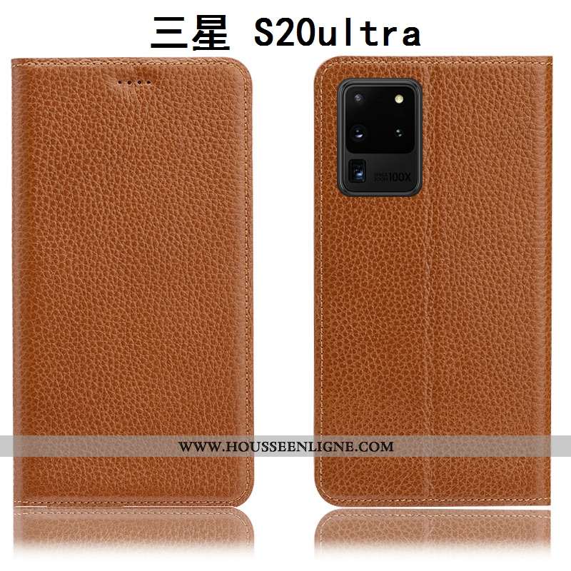 Coque Samsung Galaxy S20 Ultra Protection Cuir Véritable Étui Litchi Étoile Housse Bleu