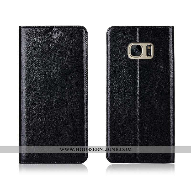 Coque Samsung Galaxy S7 Edge Cuir Véritable Cuir Étoile Étui Incassable Tout Compris Silicone Noir