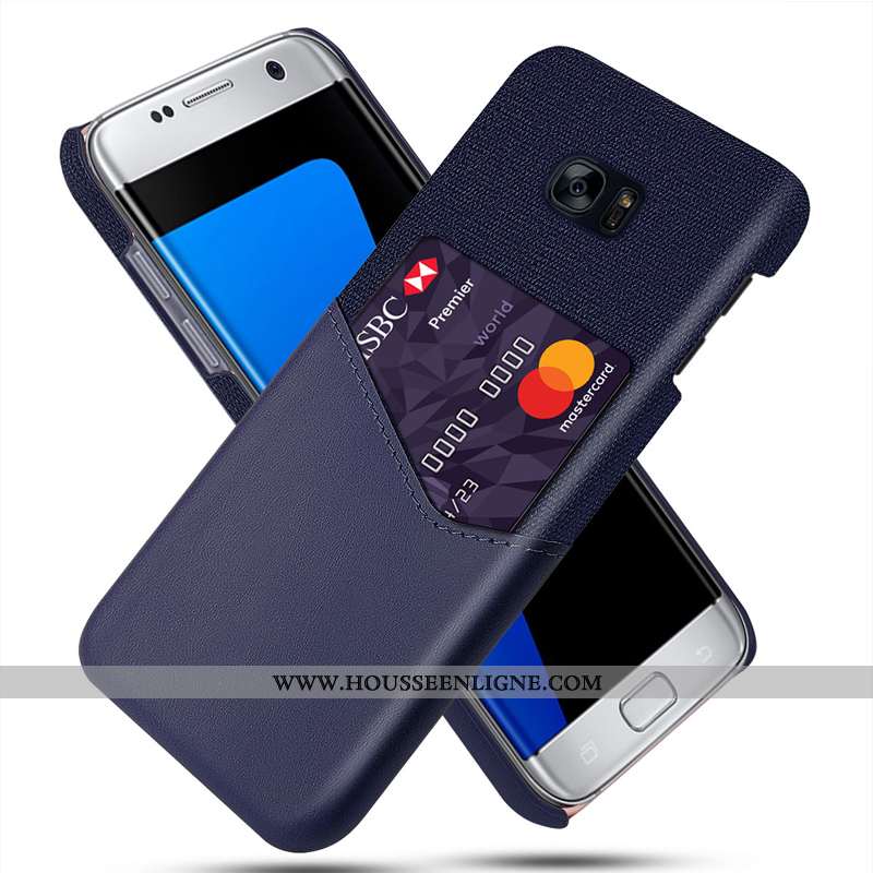 Coque Samsung Galaxy S7 Protection Cuir Modèle Fleurie Tissu Carte Bleu Marin Bleu Foncé
