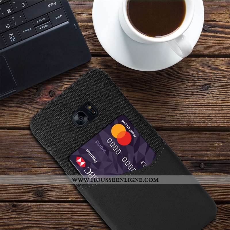 Coque Samsung Galaxy S7 Protection Cuir Modèle Fleurie Tissu Carte Bleu Marin Bleu Foncé