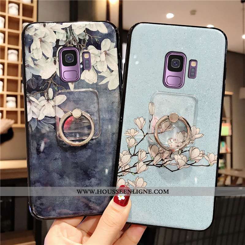 Coque Samsung Galaxy S9 Silicone Fluide Doux Anneau Luxe Téléphone Portable Style Chinois Bleu