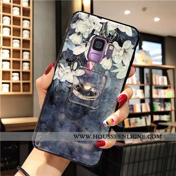 Coque Samsung Galaxy S9 Silicone Fluide Doux Anneau Luxe Téléphone Portable Style Chinois Bleu