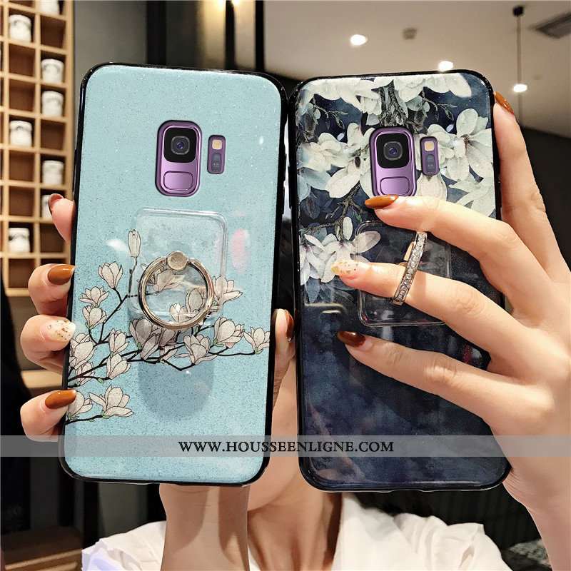 Coque Samsung Galaxy S9 Silicone Fluide Doux Anneau Luxe Téléphone Portable Style Chinois Bleu