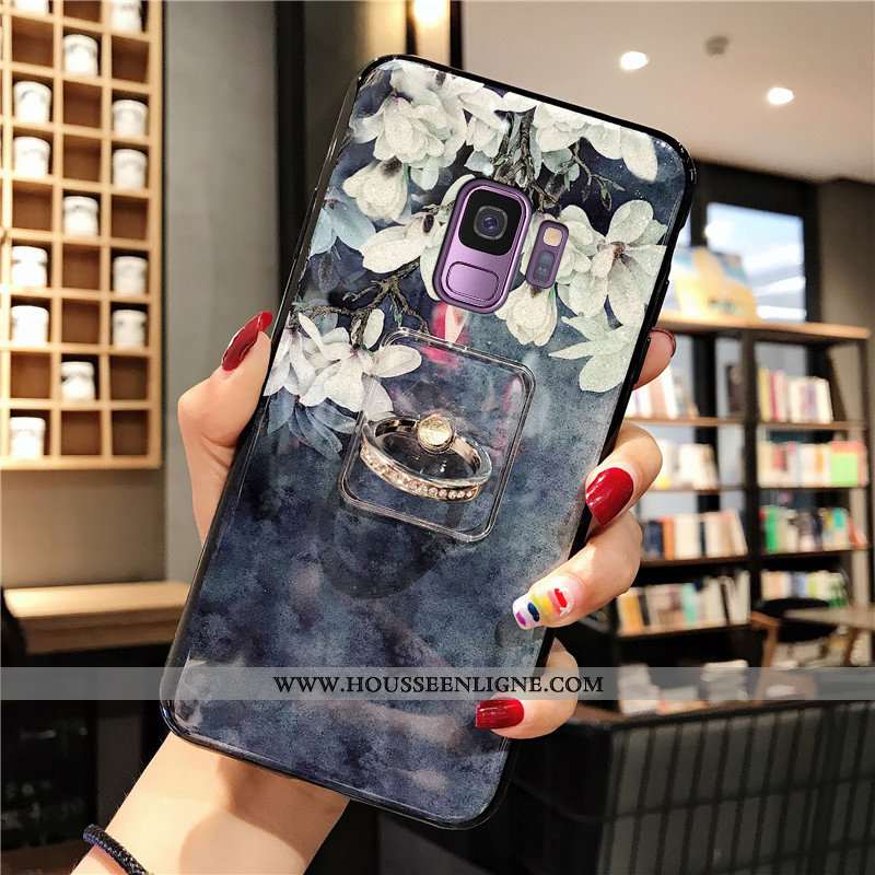 Coque Samsung Galaxy S9 Silicone Fluide Doux Anneau Luxe Téléphone Portable Style Chinois Bleu