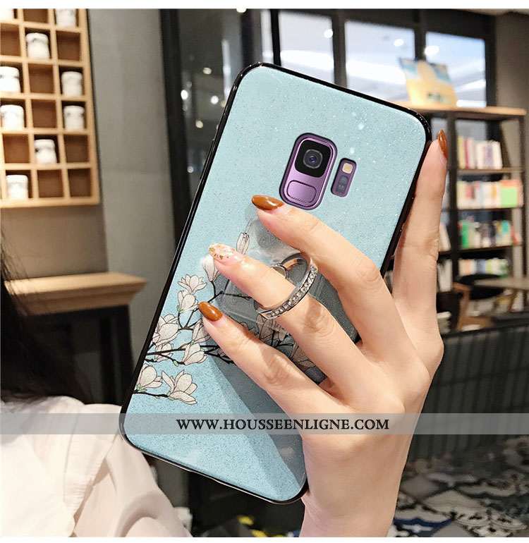 Coque Samsung Galaxy S9 Silicone Fluide Doux Anneau Luxe Téléphone Portable Style Chinois Bleu