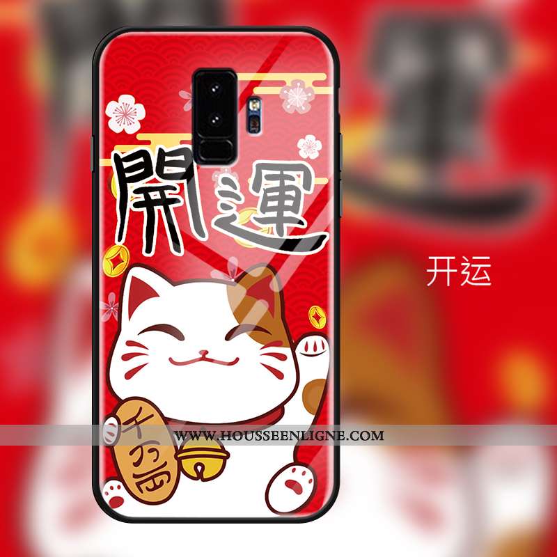 Coque Samsung Galaxy S9+ Verre Dessin Animé Chat Charmant Protection Silicone Rouge