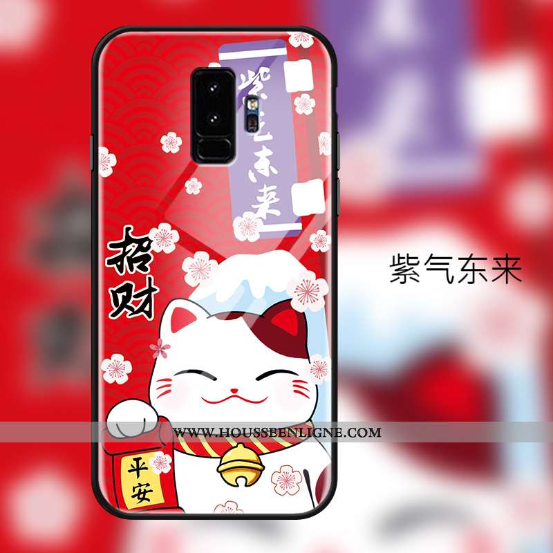 Coque Samsung Galaxy S9+ Verre Dessin Animé Chat Charmant Protection Silicone Rouge