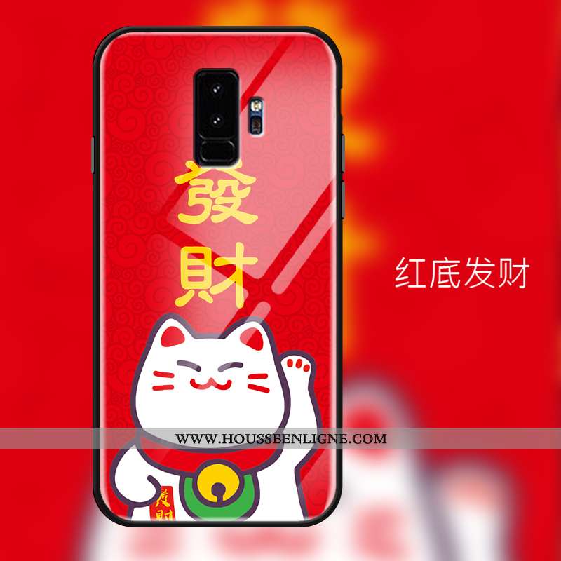 Coque Samsung Galaxy S9+ Verre Dessin Animé Chat Charmant Protection Silicone Rouge
