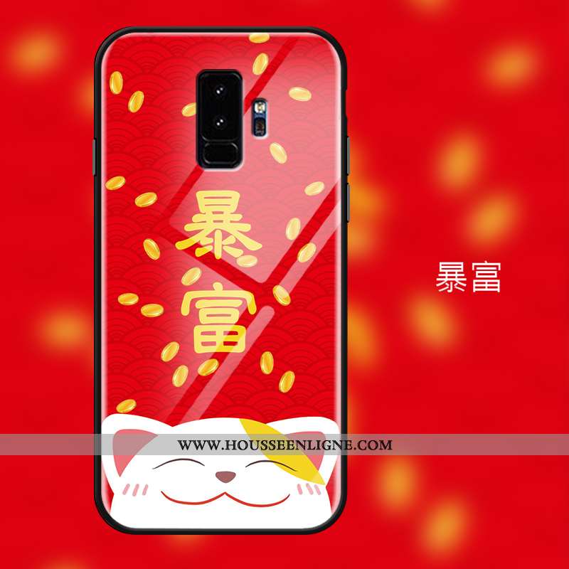 Coque Samsung Galaxy S9+ Verre Dessin Animé Chat Charmant Protection Silicone Rouge
