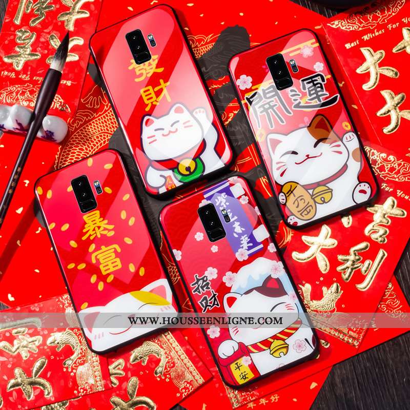 Coque Samsung Galaxy S9+ Verre Dessin Animé Chat Charmant Protection Silicone Rouge