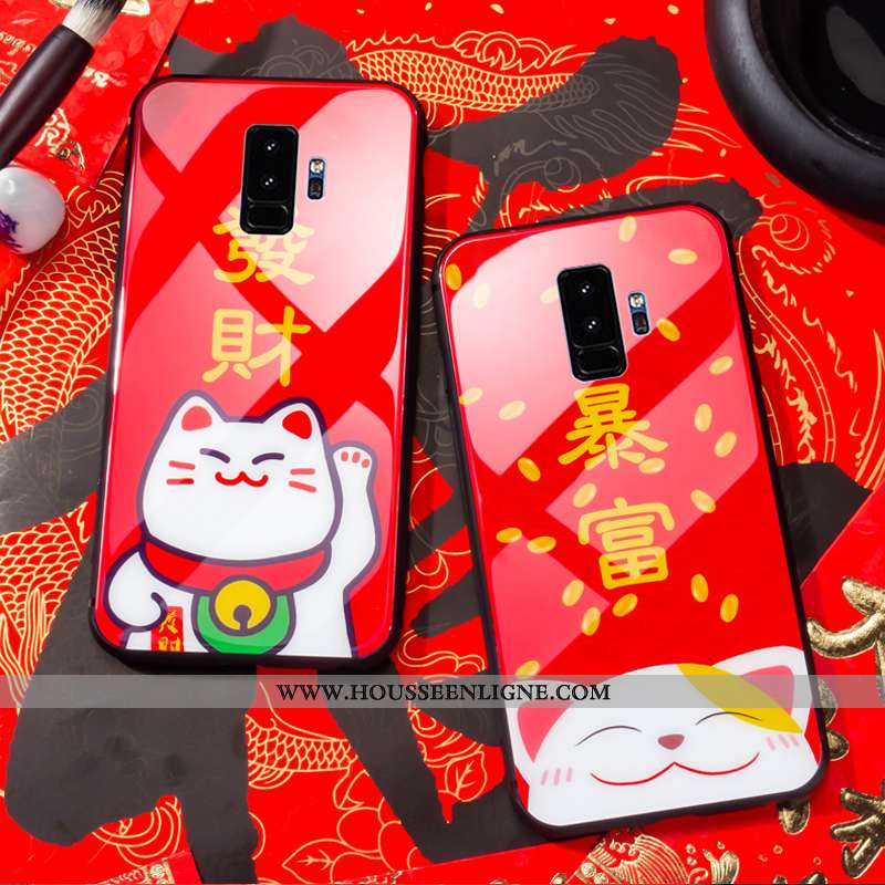 Coque Samsung Galaxy S9+ Verre Dessin Animé Chat Charmant Protection Silicone Rouge