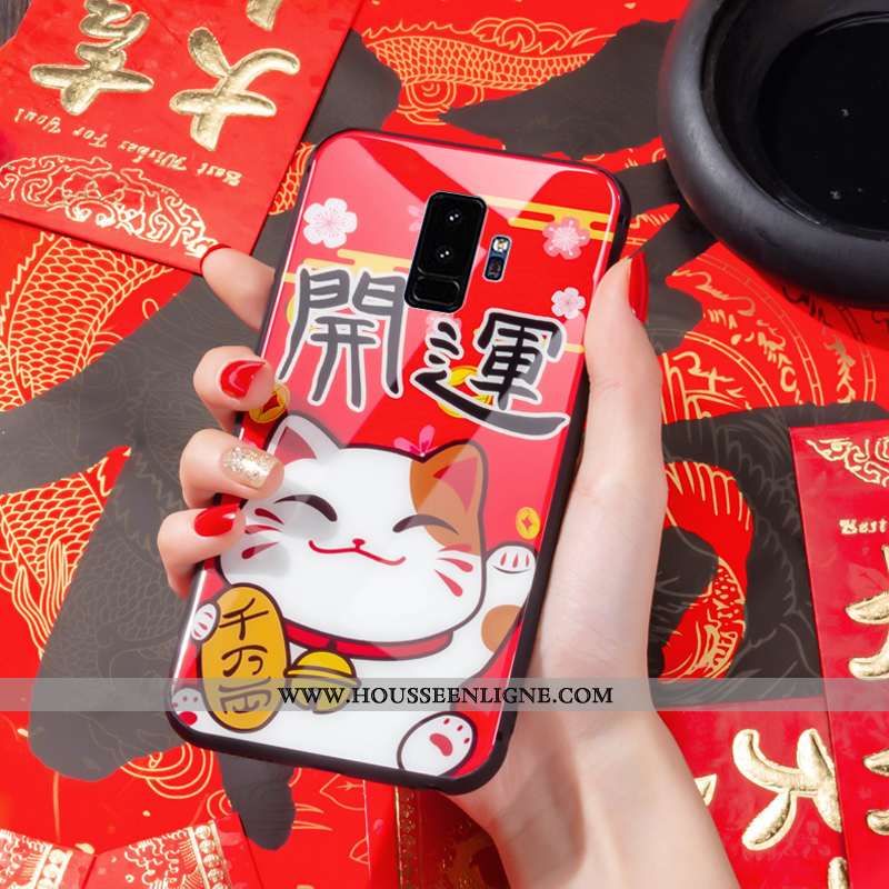Coque Samsung Galaxy S9+ Verre Dessin Animé Chat Charmant Protection Silicone Rouge