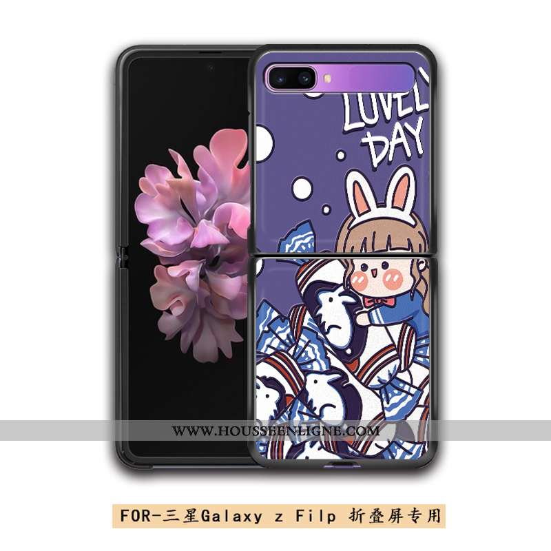Coque Samsung Z Flip Cuir Modèle Fleurie Gaufrage Arc En Ciel Charmant Plier Téléphone Portable Bleu