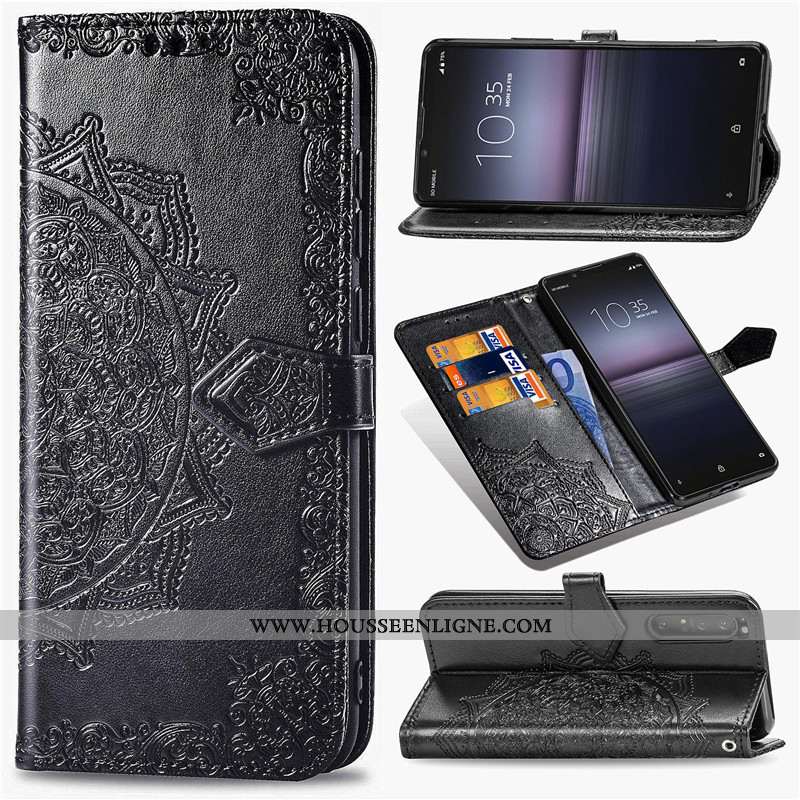 Coque Sony Xperia 1 Ii Ornements Suspendus Gaufrage Téléphone Portable Étui Cuir En Relief Protectio