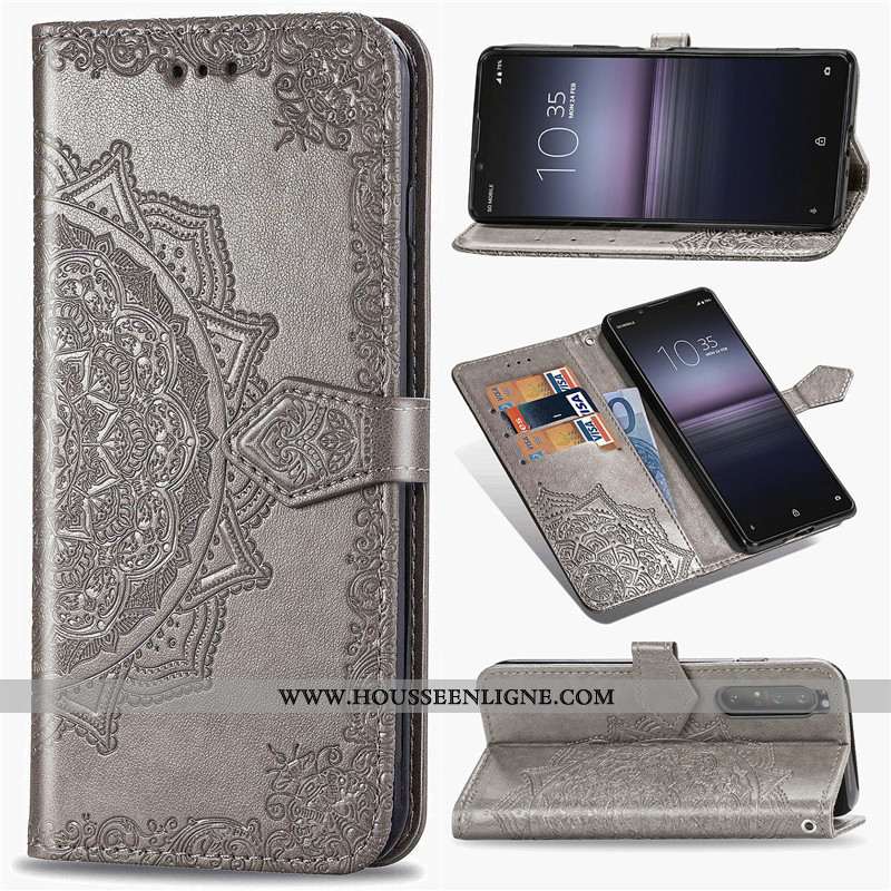 Coque Sony Xperia 1 Ii Ornements Suspendus Gaufrage Téléphone Portable Étui Cuir En Relief Protectio