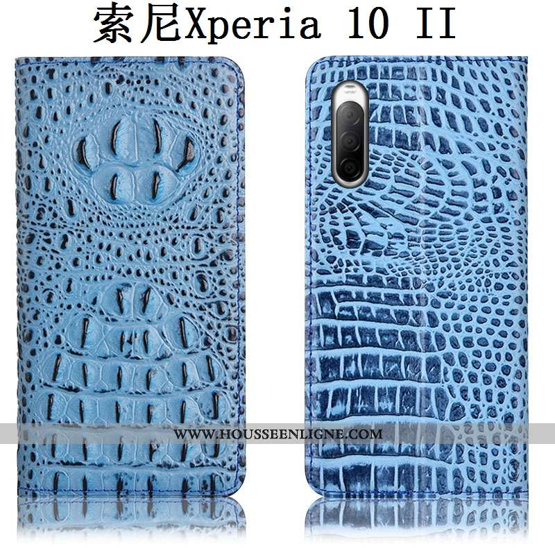 Coque Sony Xperia 10 Ii Protection Cuir Véritable Housse Téléphone Portable Bleu Incassable