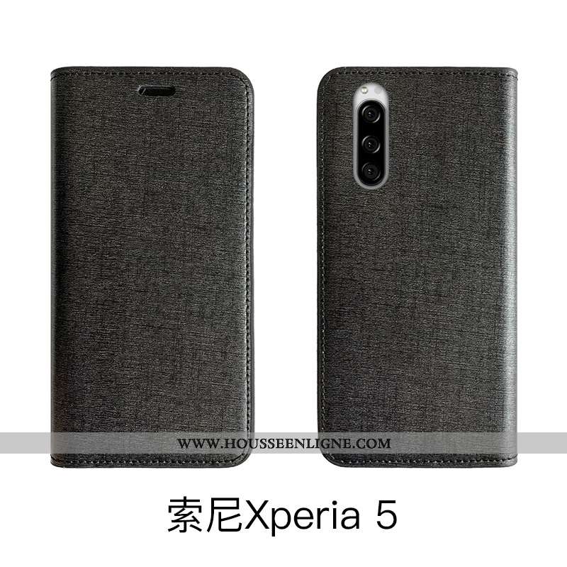 Coque Sony Xperia 5 Luxe Cuir Véritable Noir Housse Étui Téléphone Portable